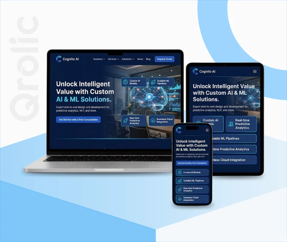 AI and machine learning website design and development services showing data visualization dashboard and model integration by Qrolic
