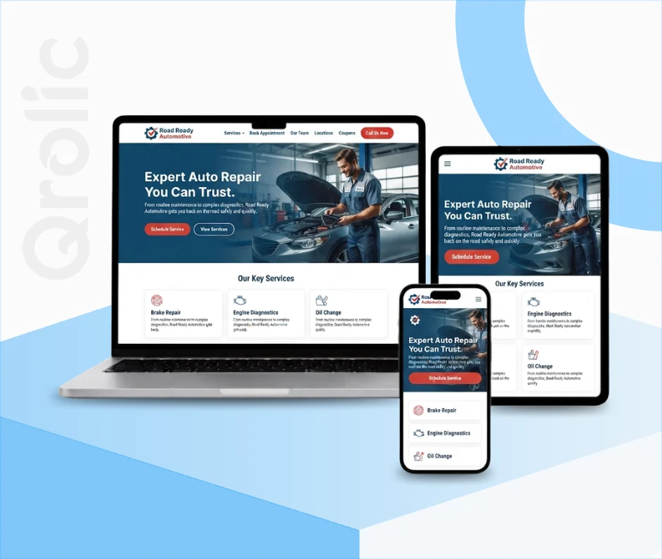 Auto repair shop website design and development services by Qrolic Technologies
