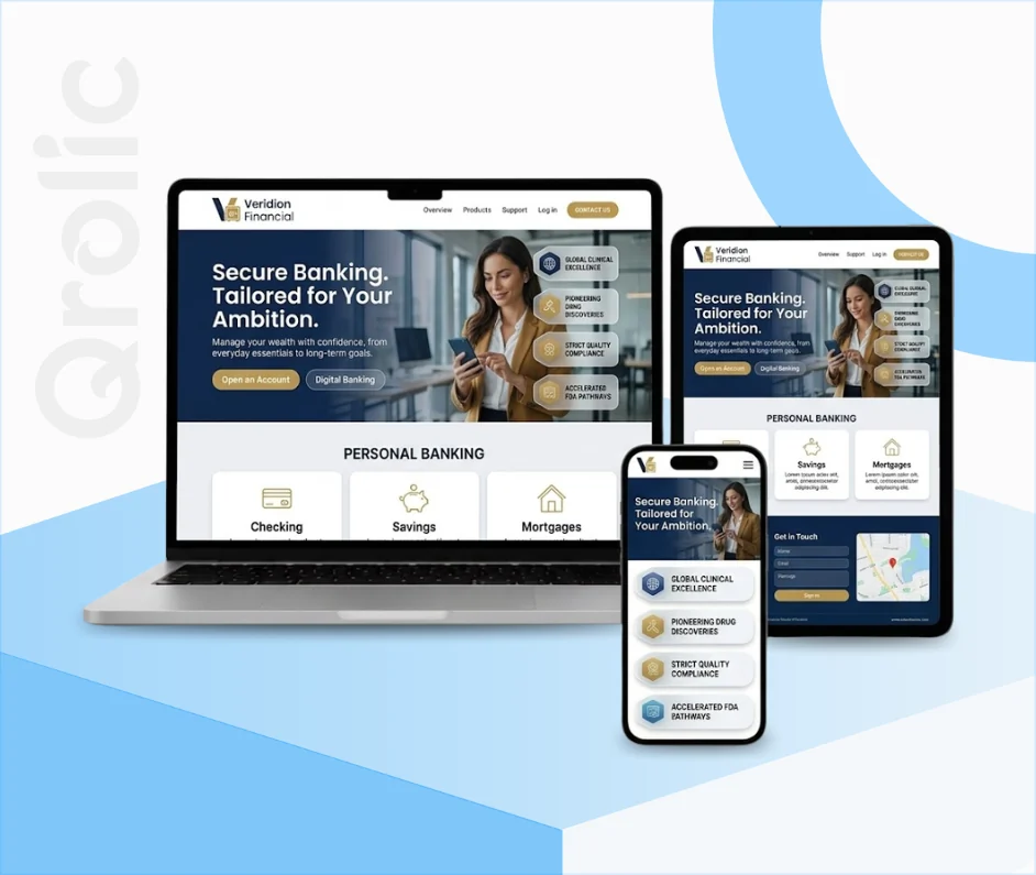 Bank website design and development services shown on desktop and mobile screens