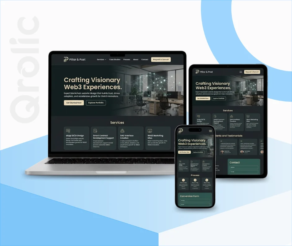 Blockchain Website Design & Development Service Blockchain company website design and development services showcasing a dApp interface and wallet integration layout