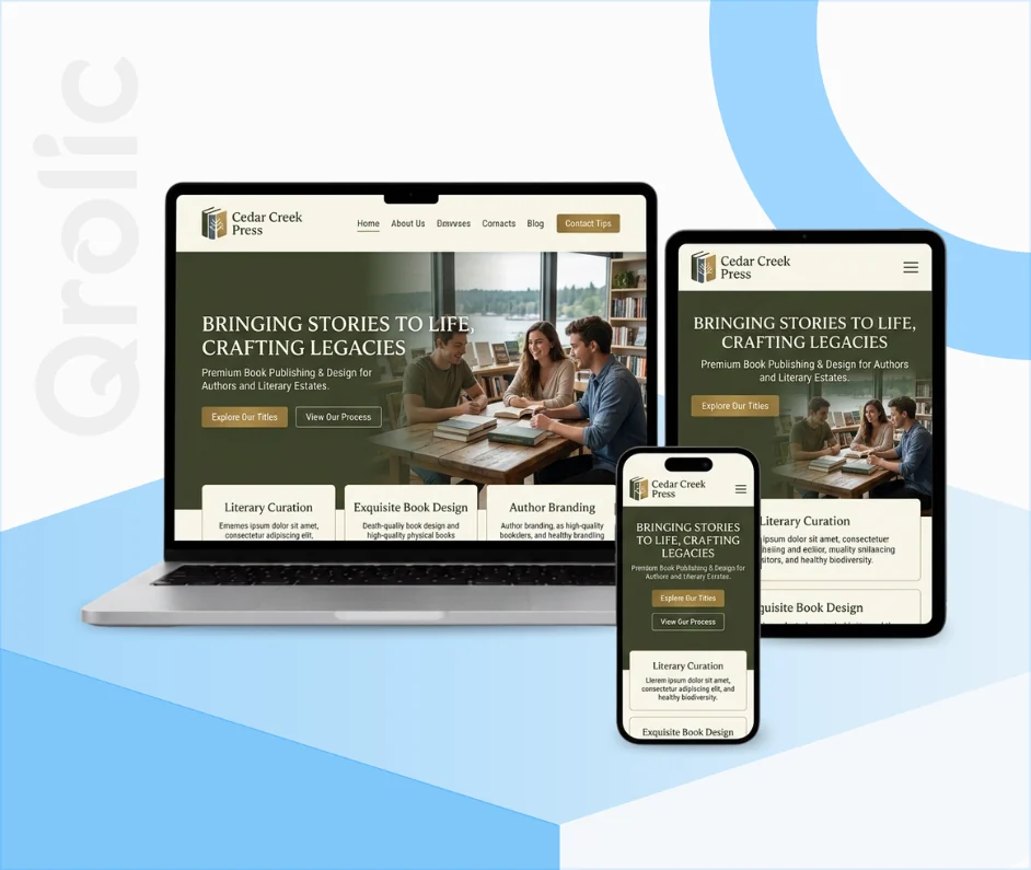 Book publisher website design and development services showcasing catalog and author portal features
