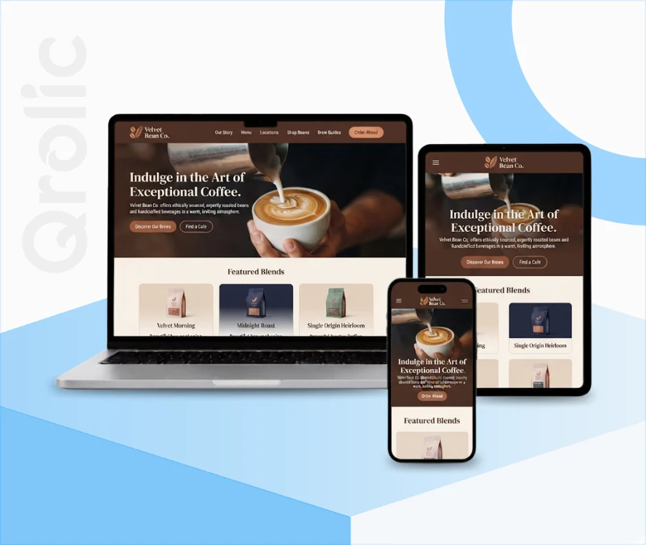 Coffee shop website design and development services showing a custom cafe homepage with menu and ordering layout
