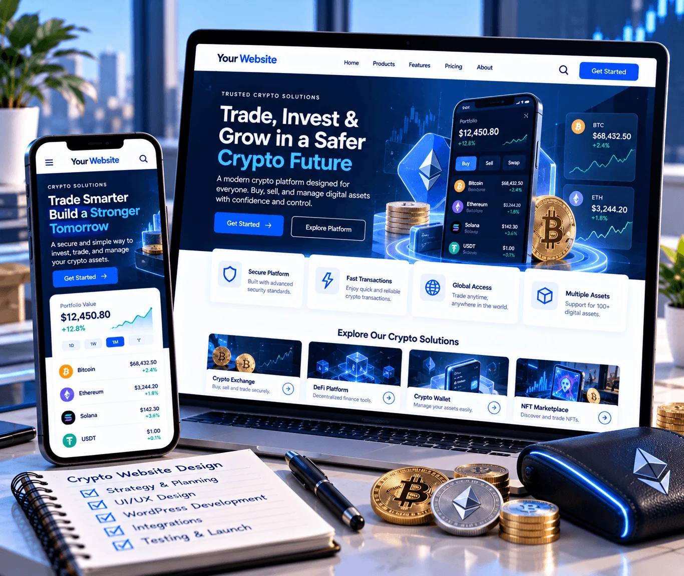 Crypto Business Website Design & Development Services Crypto business website design showing a custom WordPress website that explains offerings and builds visitor confidence
