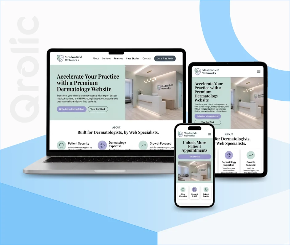 Dermatology clinic website design and development services showcasing a patient booking and treatment gallery layout