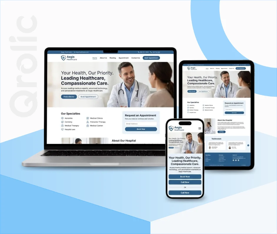  Hospital website design and development services showing physician directory and secure patient portal by Qrolic
