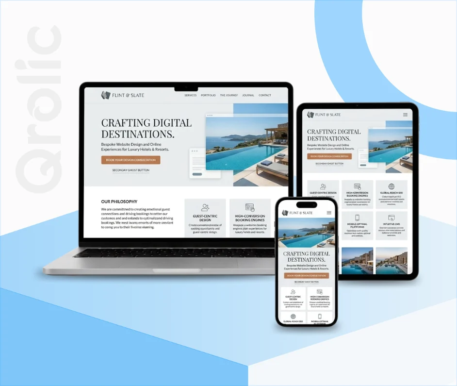 Hotel & Resort Website Design and Development Hotel and resort website design and development services showing direct booking engine and room gallery by Qroli