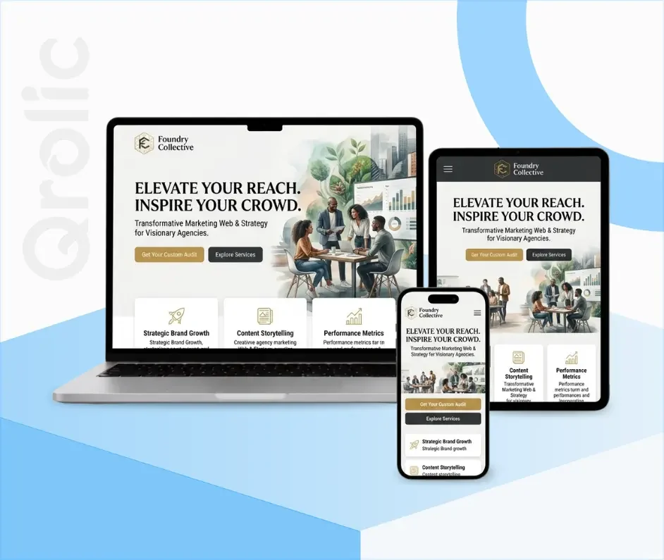 Marketing agency website design and development services showing a portfolio showcase and lead generation form