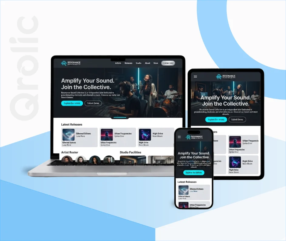 Music label website design and development services showcasing an artist profile and streaming player layout
