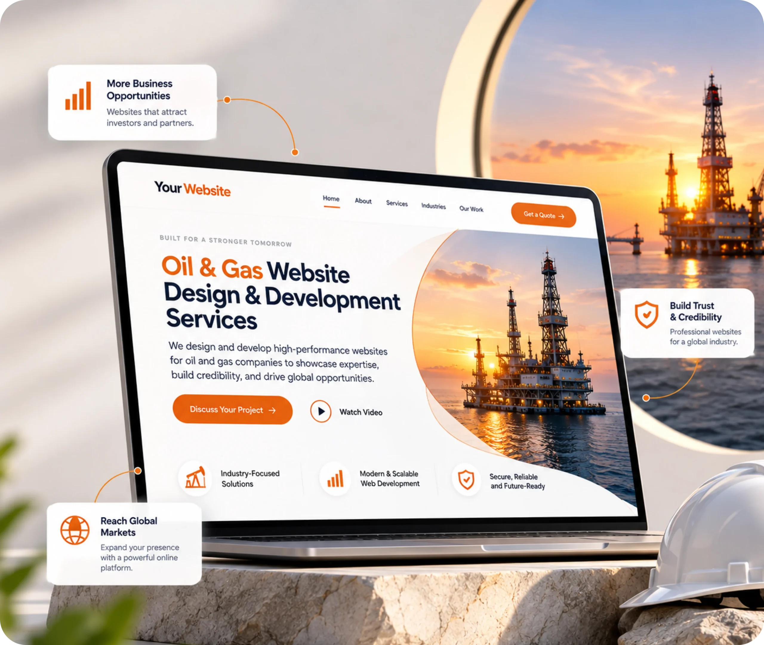 Oil and Gas Website Design & Development Service Oil and gas company website design showing a custom WordPress website built around business services, audience journeys, CMS control, and connected tools