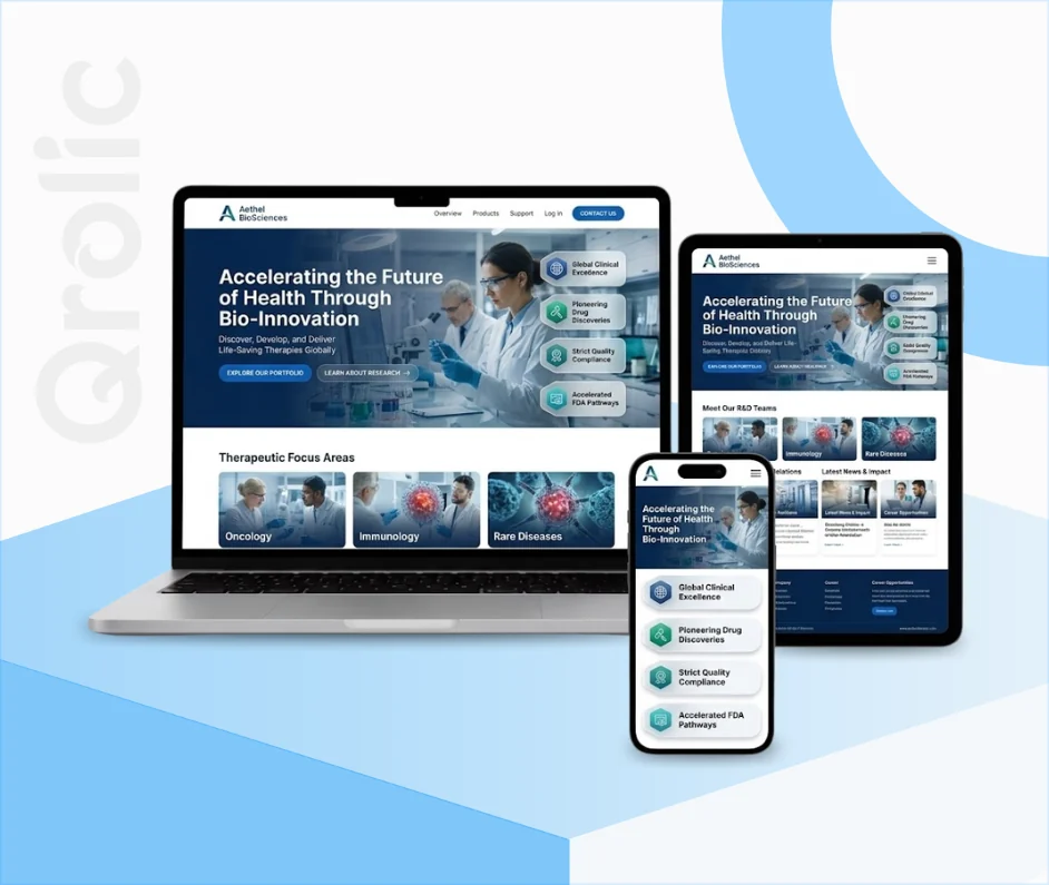 Pharmaceutical company website design and development services shown on desktop and mobile screens
