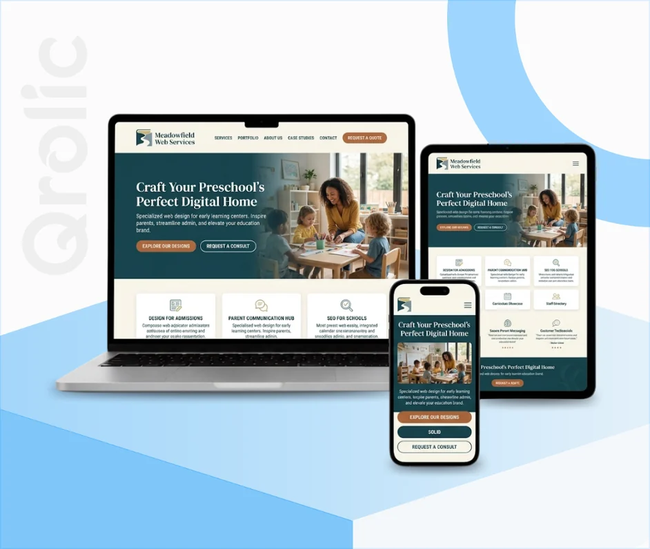 Preschool Website Design & Development Service Preschool website design and development services showing photo gallery and online enrollment form by Qrolic