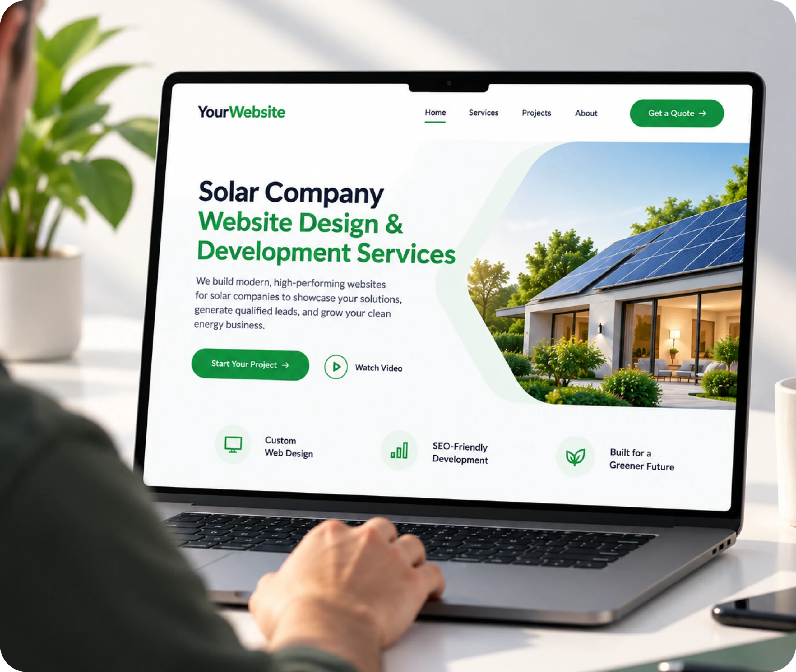 Solar Company Website Design & Development Service Solar company website design showing a custom WordPress website built around solar sales journeys, services, CMS control, and connected tools