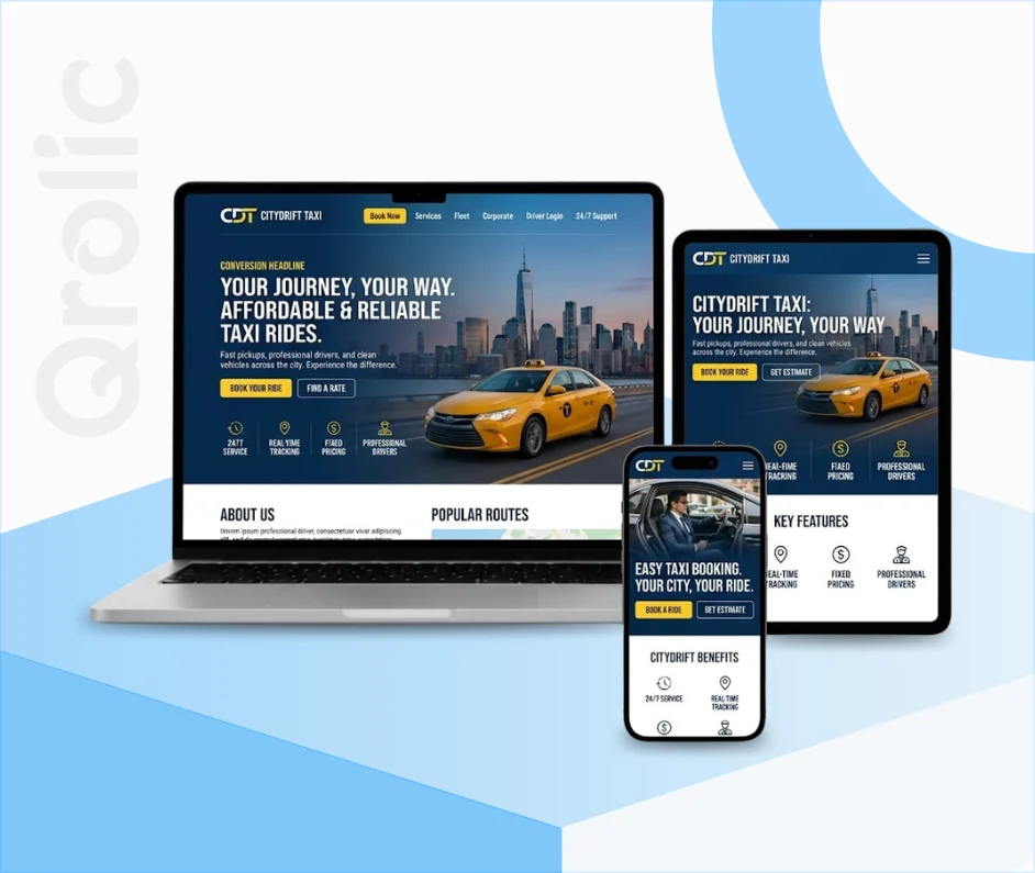 Taxi Service Website Design Service By Expert Designers Taxi service website design and development services showing online booking system and GPS tracking by Qrolic