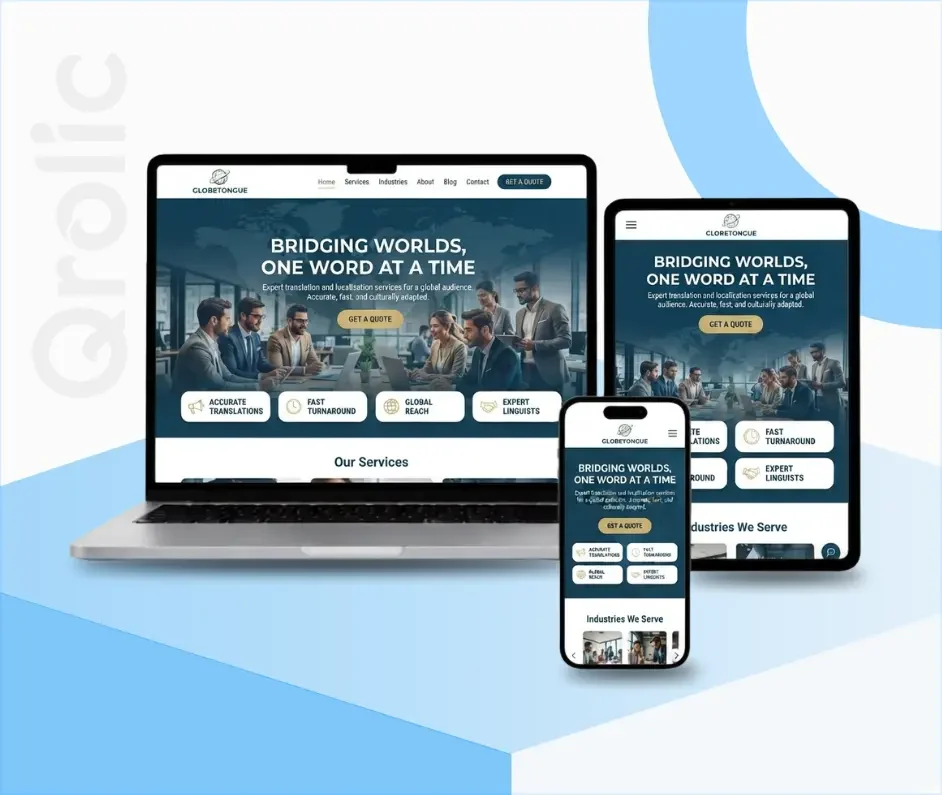 Translation service website design and development services showing a multilingual quote and client portal