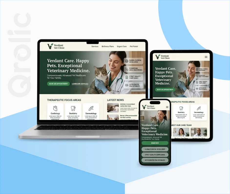 Veterinary clinic website design and development services shown on desktop and mobile screens