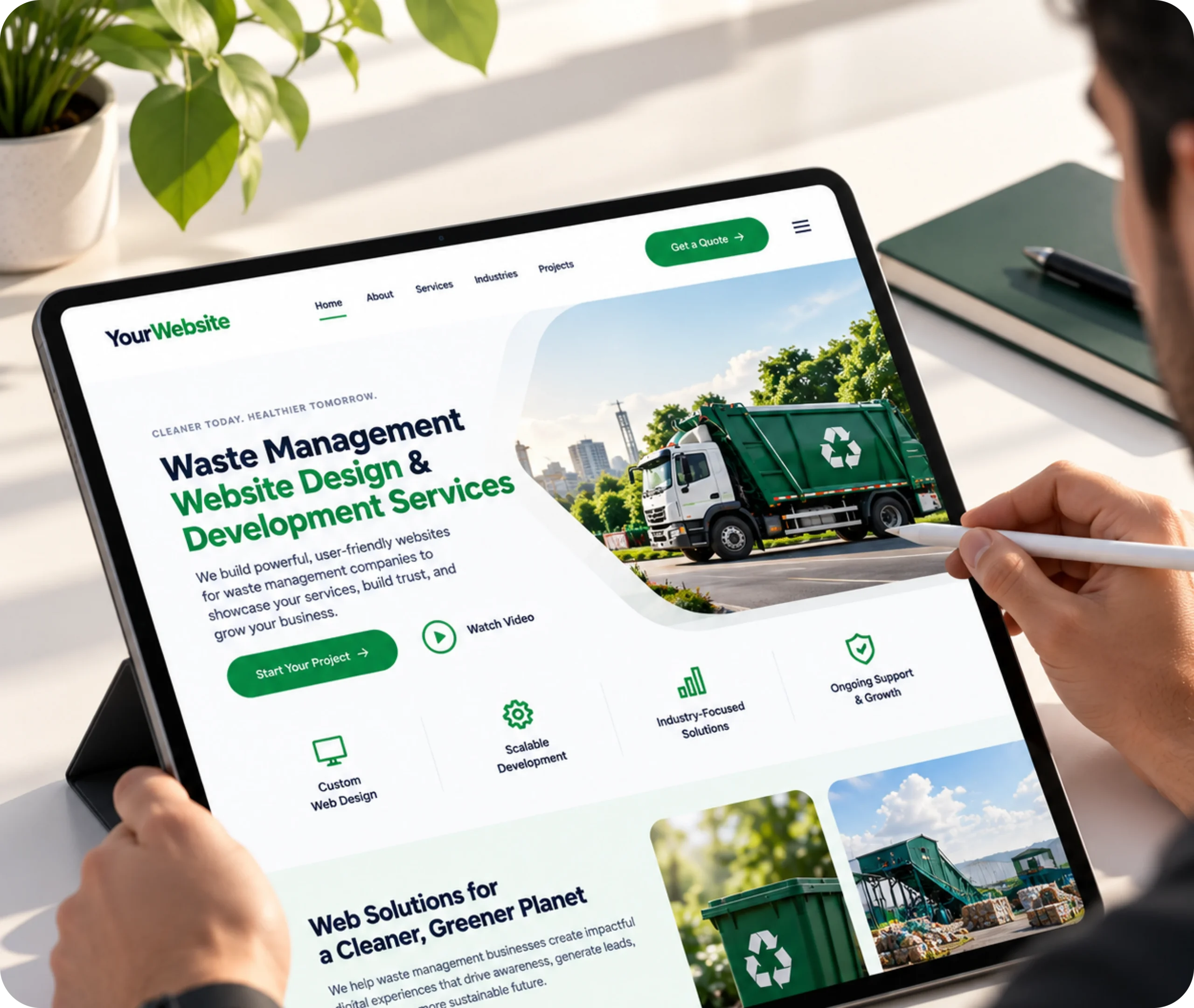 Waste Management Website Design & Development Service Waste management website design showing a custom WordPress website built around service information, customer journeys, CMS control, and connected tools