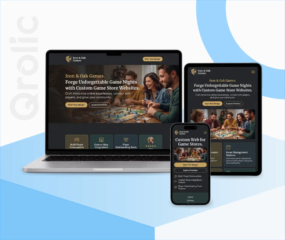 Board game store website design and development services showing e-commerce and event booking interface