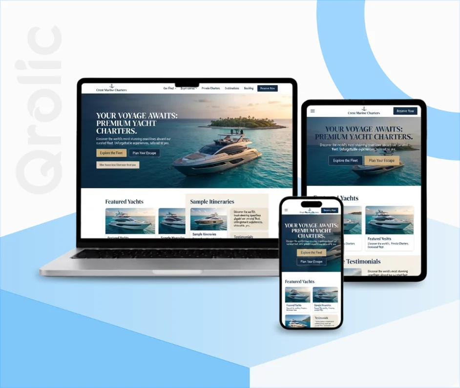 Boat rental website design and development services showing fleet gallery and online booking system by Qrolic
