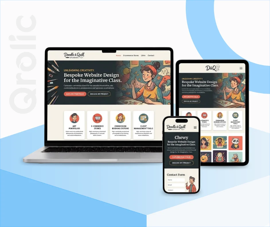 Cartoonist website design and development services showing a vibrant portfolio and webcomic archive