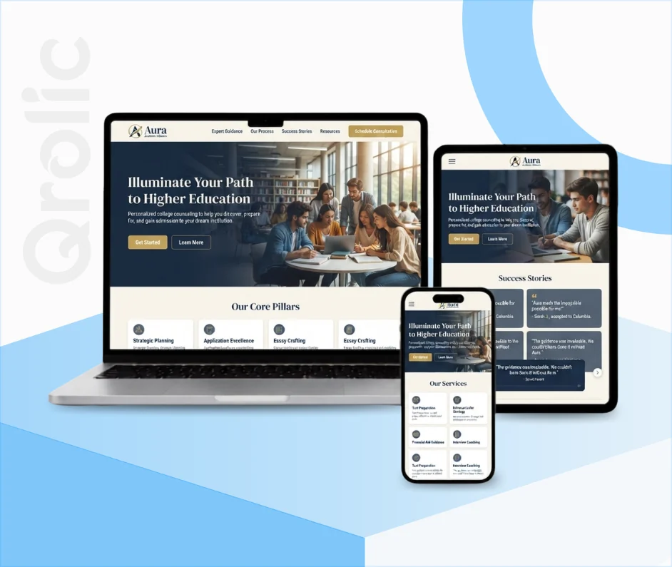 College consultant website design and development services showing appointment scheduling and success story features
