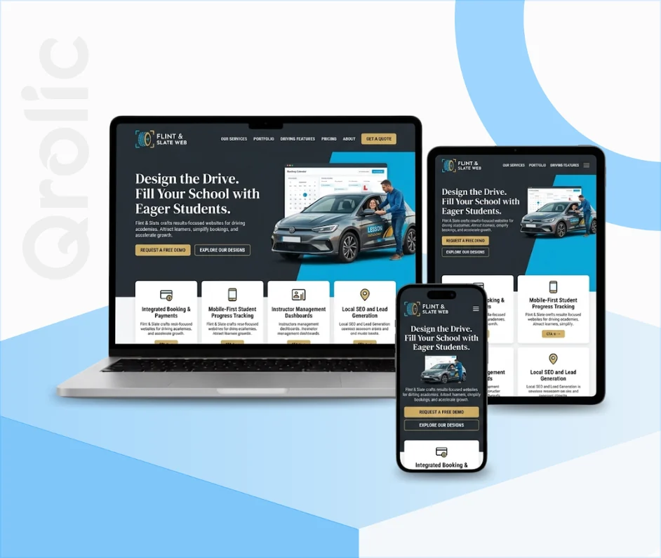 Driving School Website Design & Development Service Driving school website design and development services showing online lesson booking and instructor profiles by Qrolic