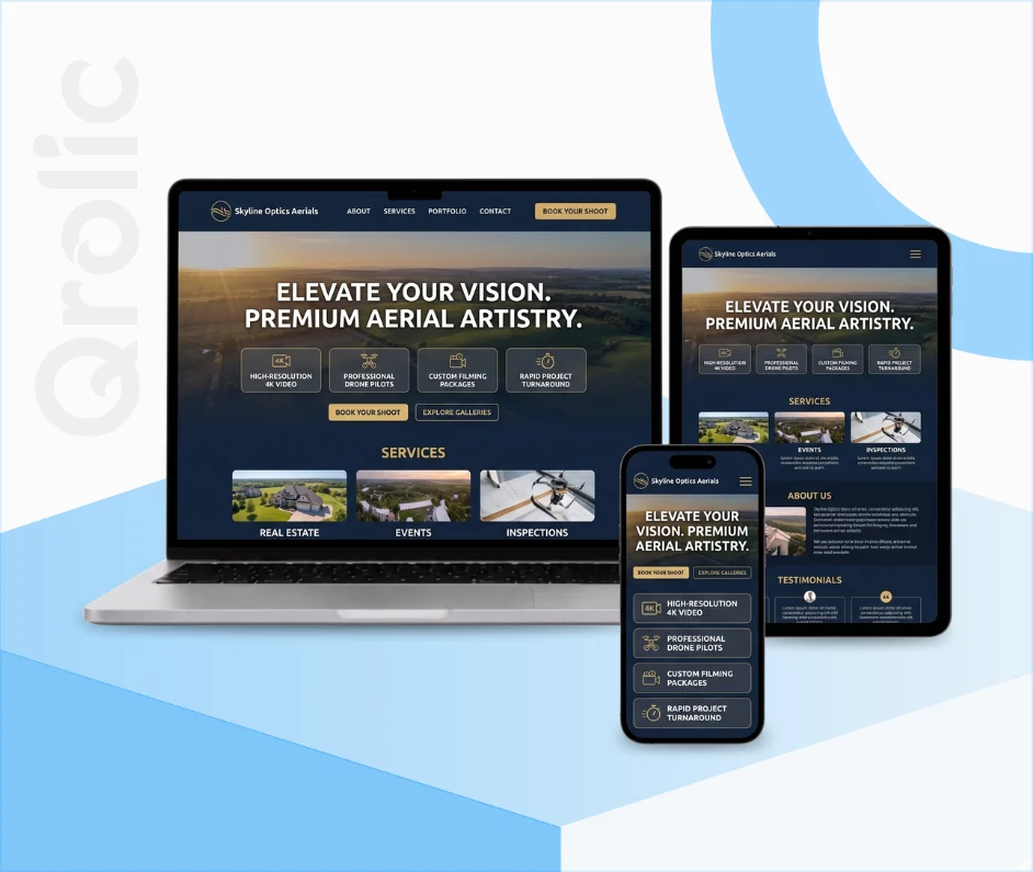 Drone photography website design and development services homepage with aerial portfolio gallery