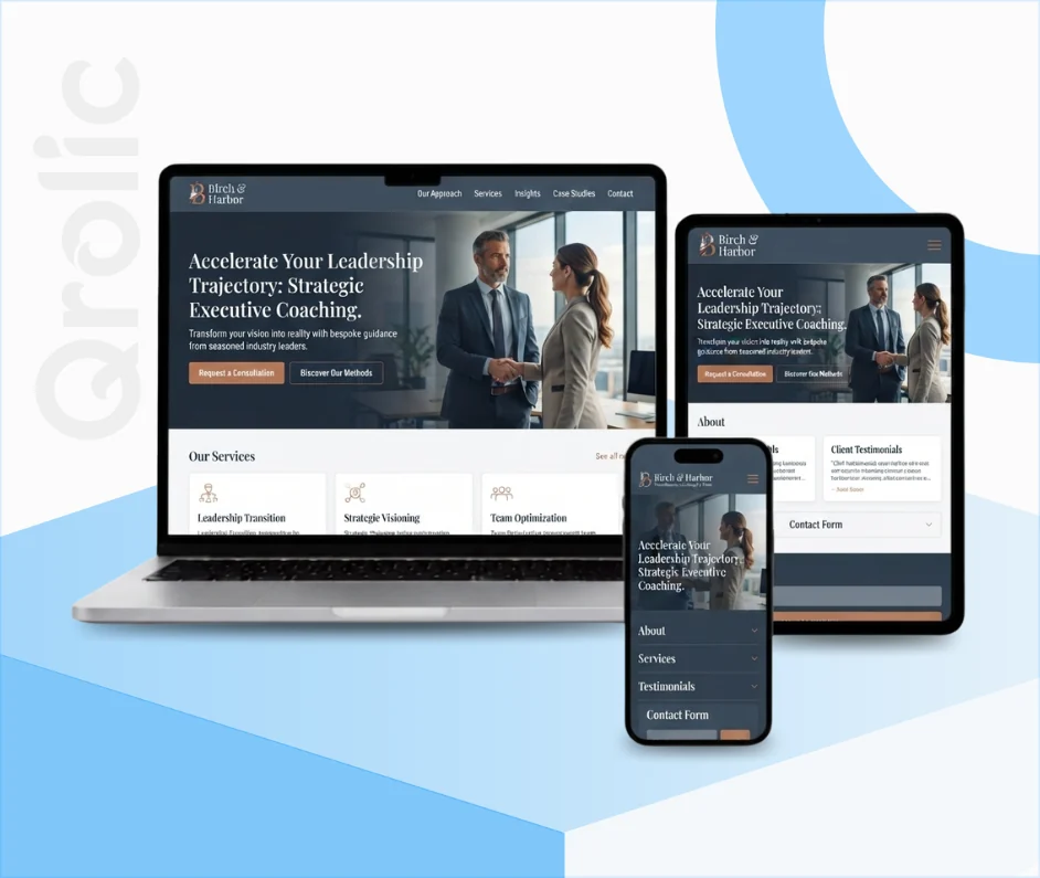 Executive coach website design and development services by Qrolic showcasing personal branding and booking systems