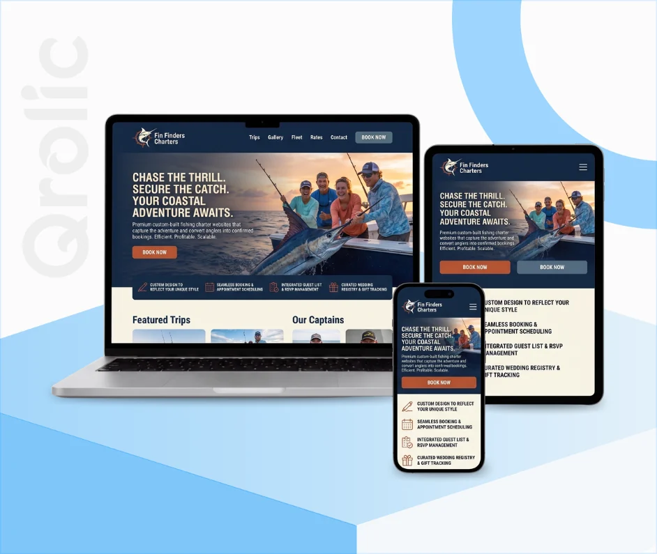 Fishing charter website design and development services interface showing booking system and catch gallery