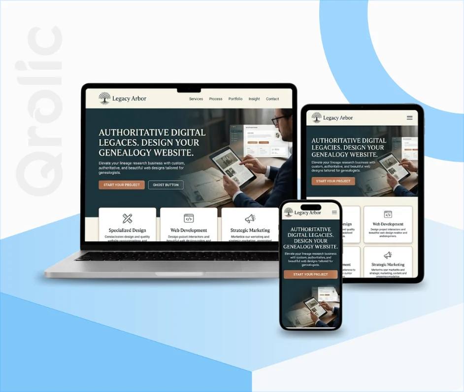 Genealogy service website design and development services showcasing an interactive family tree and archive layout
