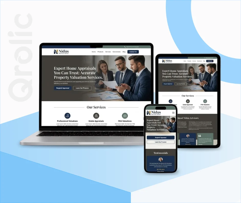 Home appraiser website design and development services interface showing credentials and service area information