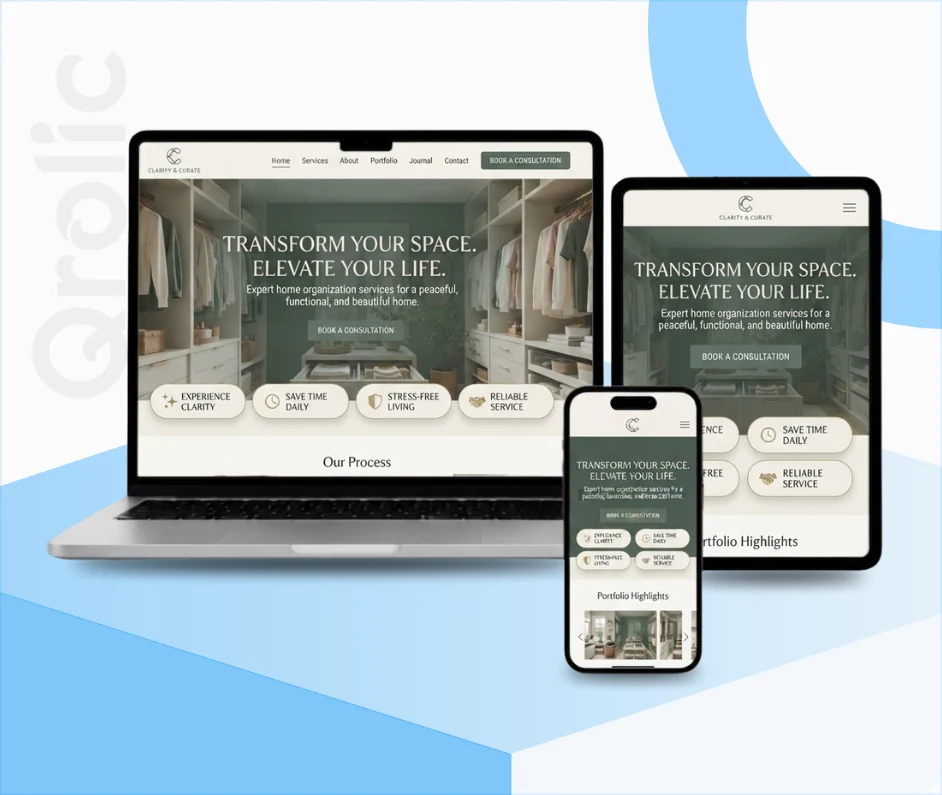 Home organizer website design and development services showing a before-and-after gallery and booking form
