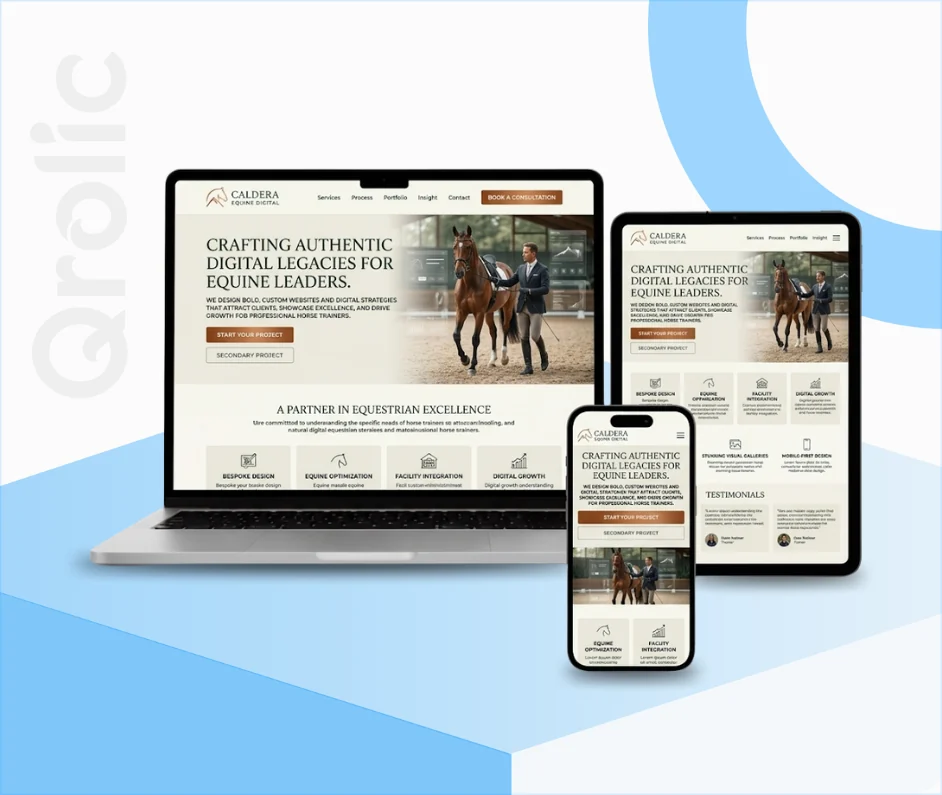 Horse Trainer Website Design and Development Horse trainer website design and development services showing equestrian gallery and online booking page by Qrolic