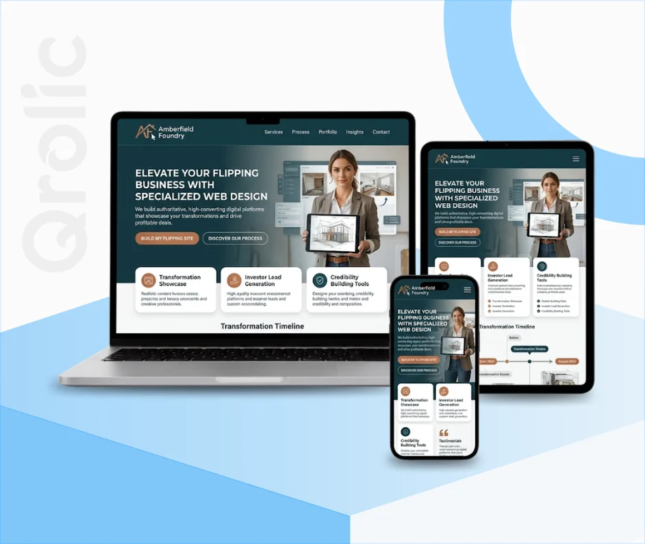 House flipper website design and development services showing property portfolio and lead capture form by Qrolic