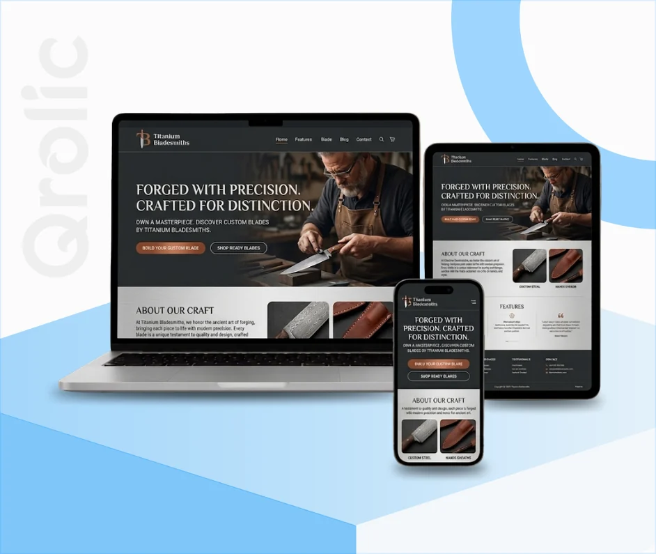 Knife maker website design and development services showing custom blade gallery and e-commerce interface