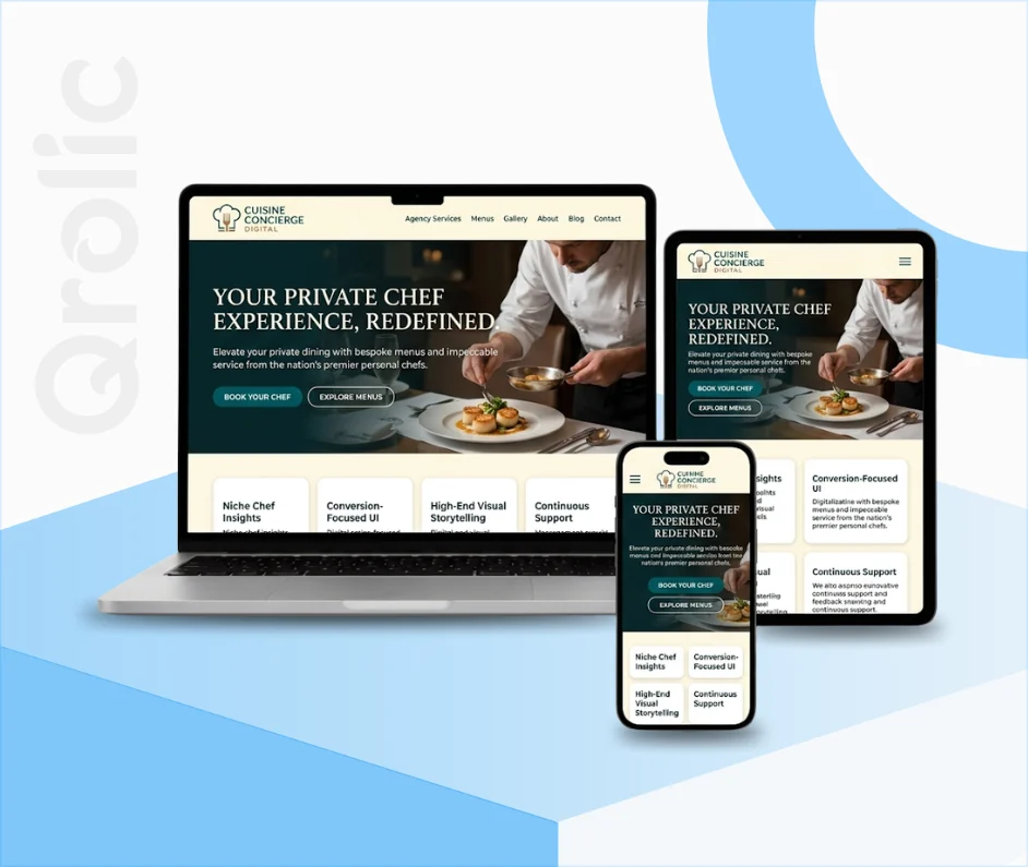 Personal chef website design and development services showing menu gallery and online booking interface