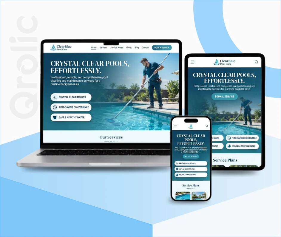 Pool Cleaning Business Website Design and Development Pool cleaning business website design and development services showing a booking form and photo gallery