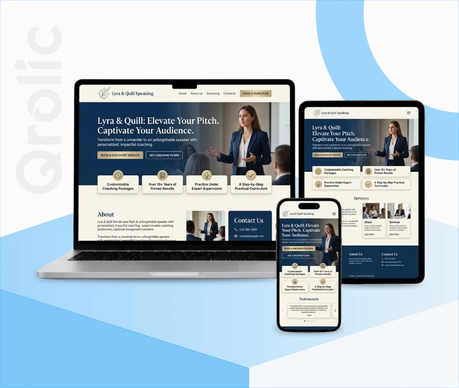 Public Speaking Coach Website Design and Development Public speaking coach website design and development services showing booking system and brand showcase by Qrolic