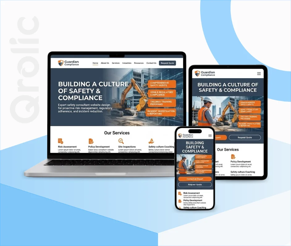 Safety Consultant Website Design Service Safety consultant website design and development services showing lead generation form and certification display by Qrolic