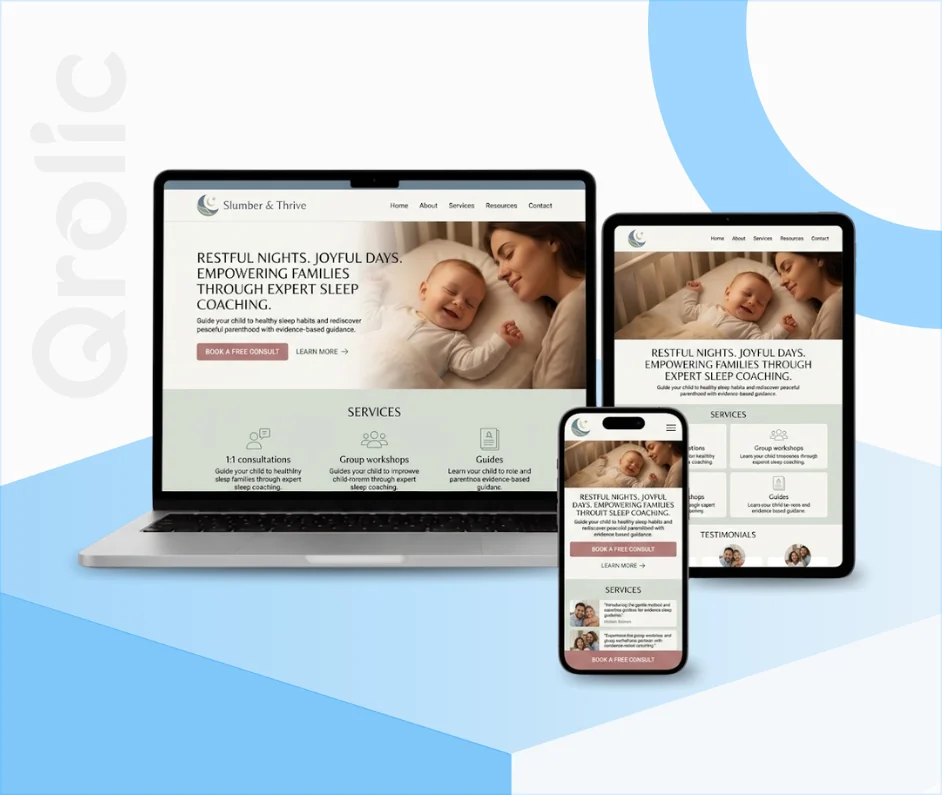 Sleep Consultant Website Design & Development Service Sleep consultant website design and development services showing a calming, booking-ready practice site