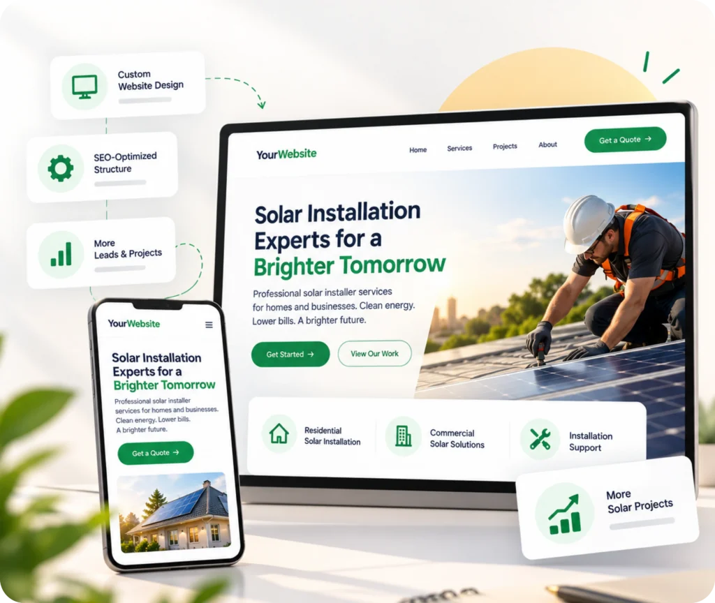 Solar Installer Website Design & Development Service Solar installer website design showing a custom WordPress website built around installation services, quote journeys, CMS control, and connected tools