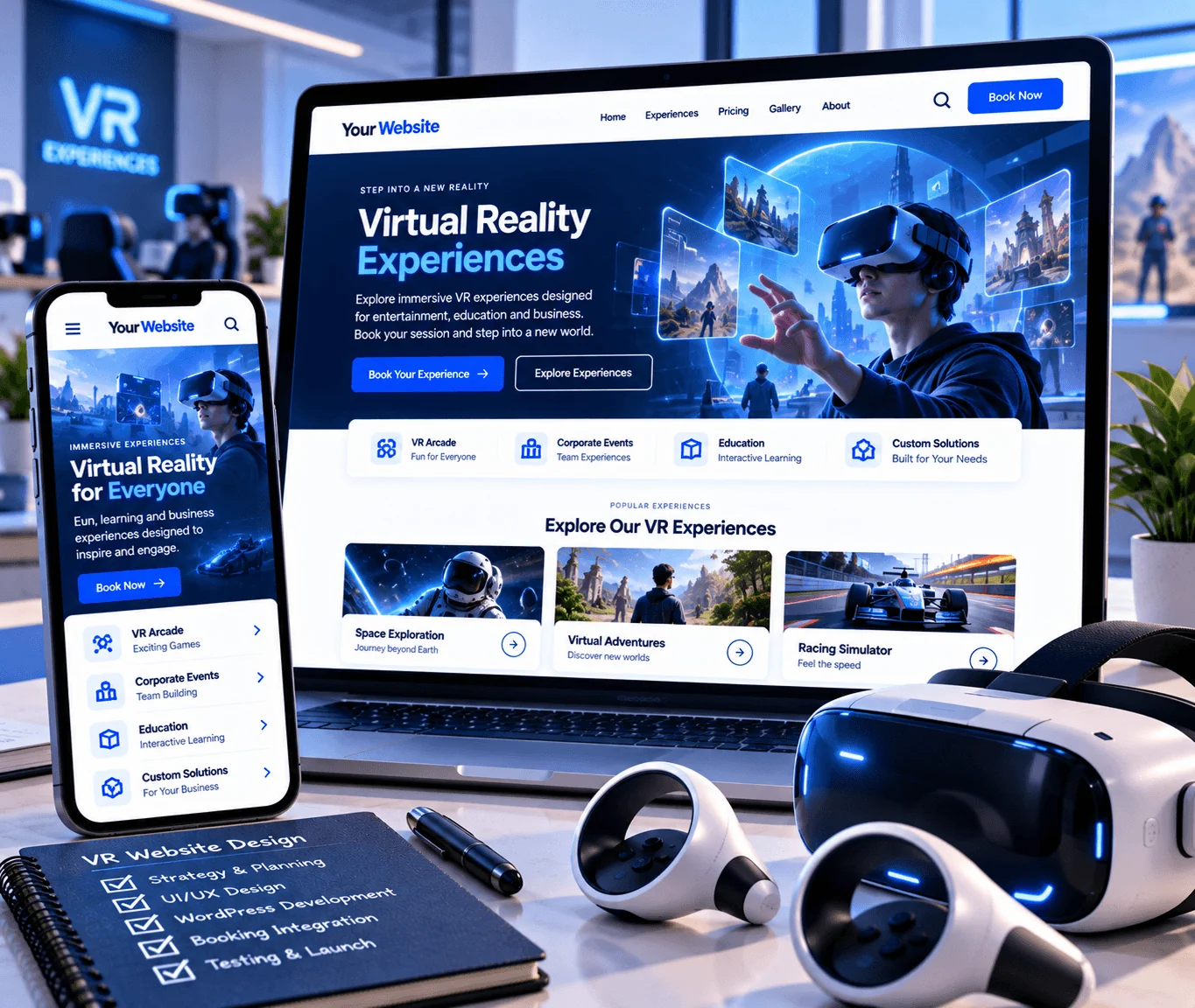 Virtual reality website design showing a custom WordPress website that explains VR experiences and guides bookings