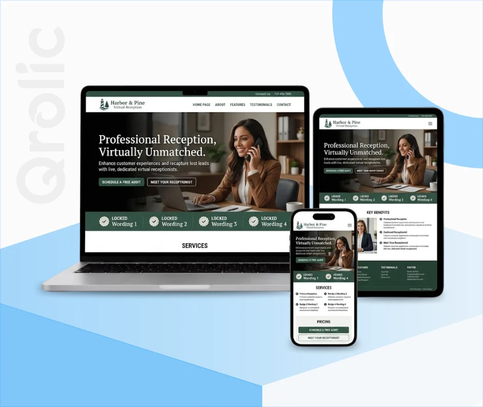 Virtual receptionist website design and development services hero banner showing a professional answering service website

