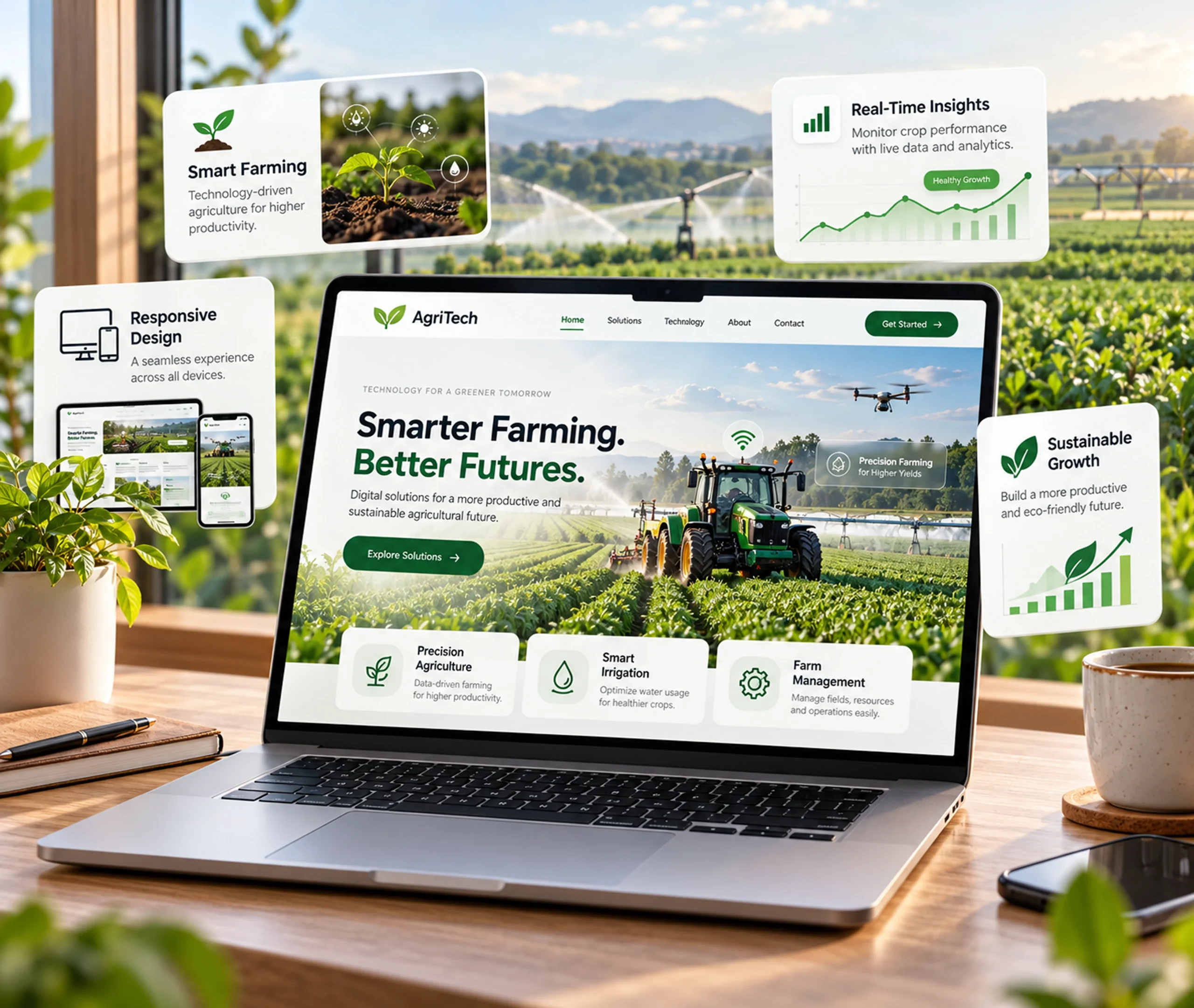 Agritech startup website design showing a custom WordPress website built around the product, audience journeys, CMS control, and connected tools
