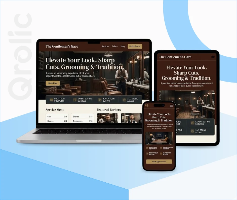 Barbershop website design and development services showcasing custom branding and online booking
