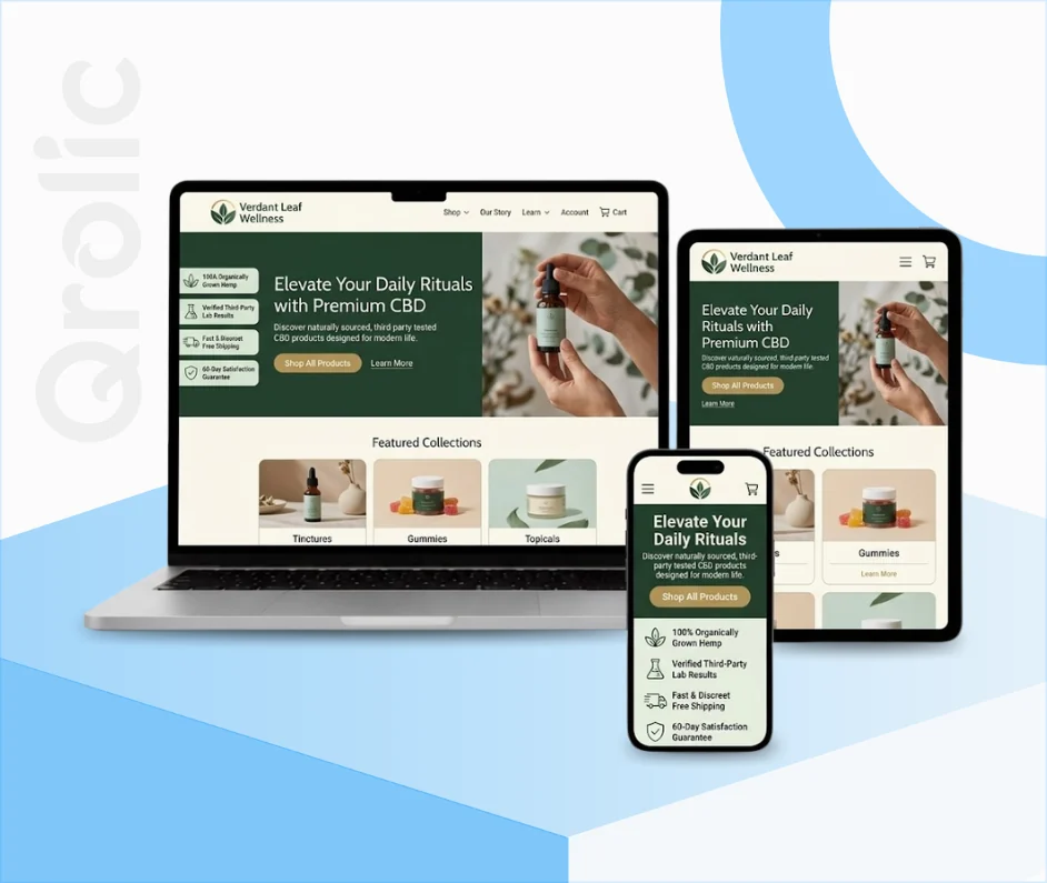 CBD Store Website Design and Development Services CBD store website design and development services showing age verification and secure payment gateway by Qrolic