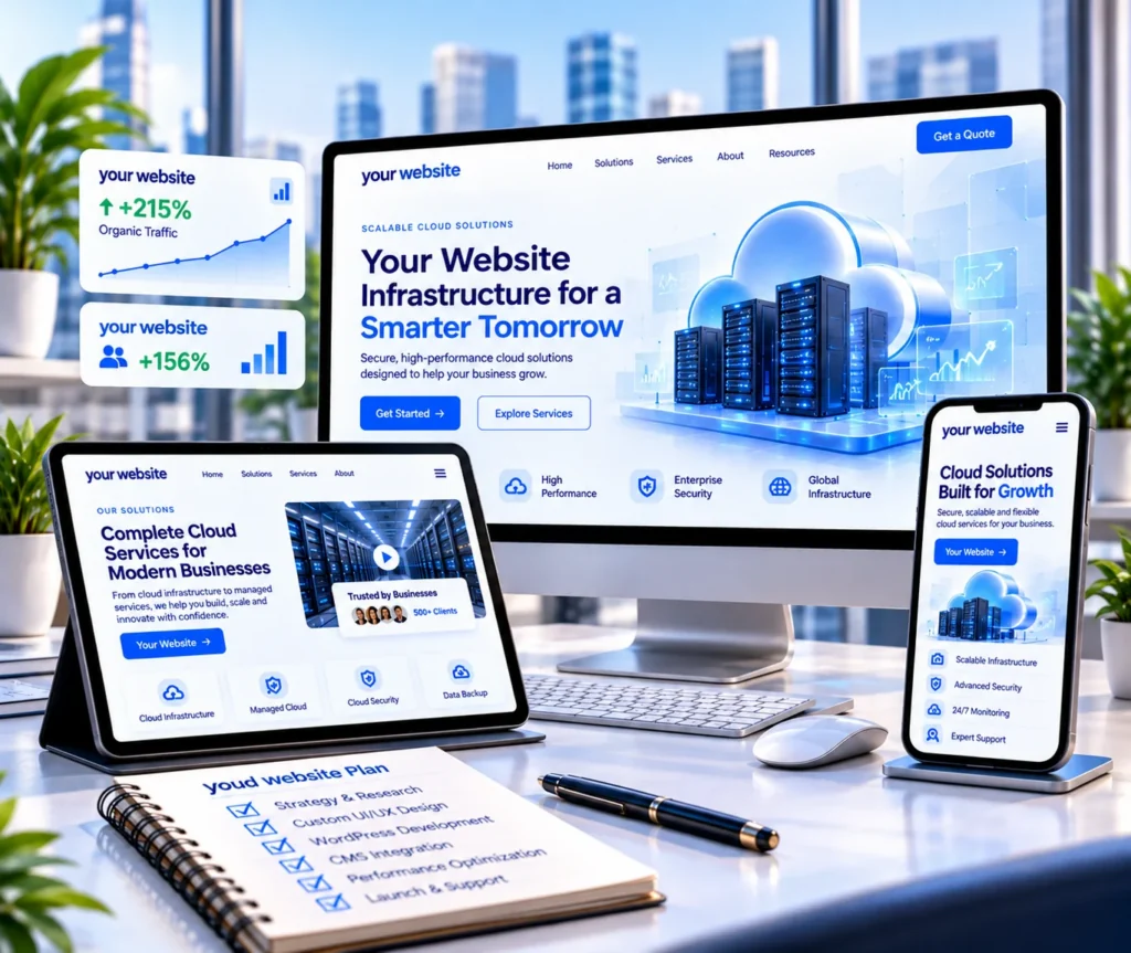 Cloud Computing Website Design & Development Service Cloud computing website design showing a custom WordPress website that explains cloud services and supports easy content management