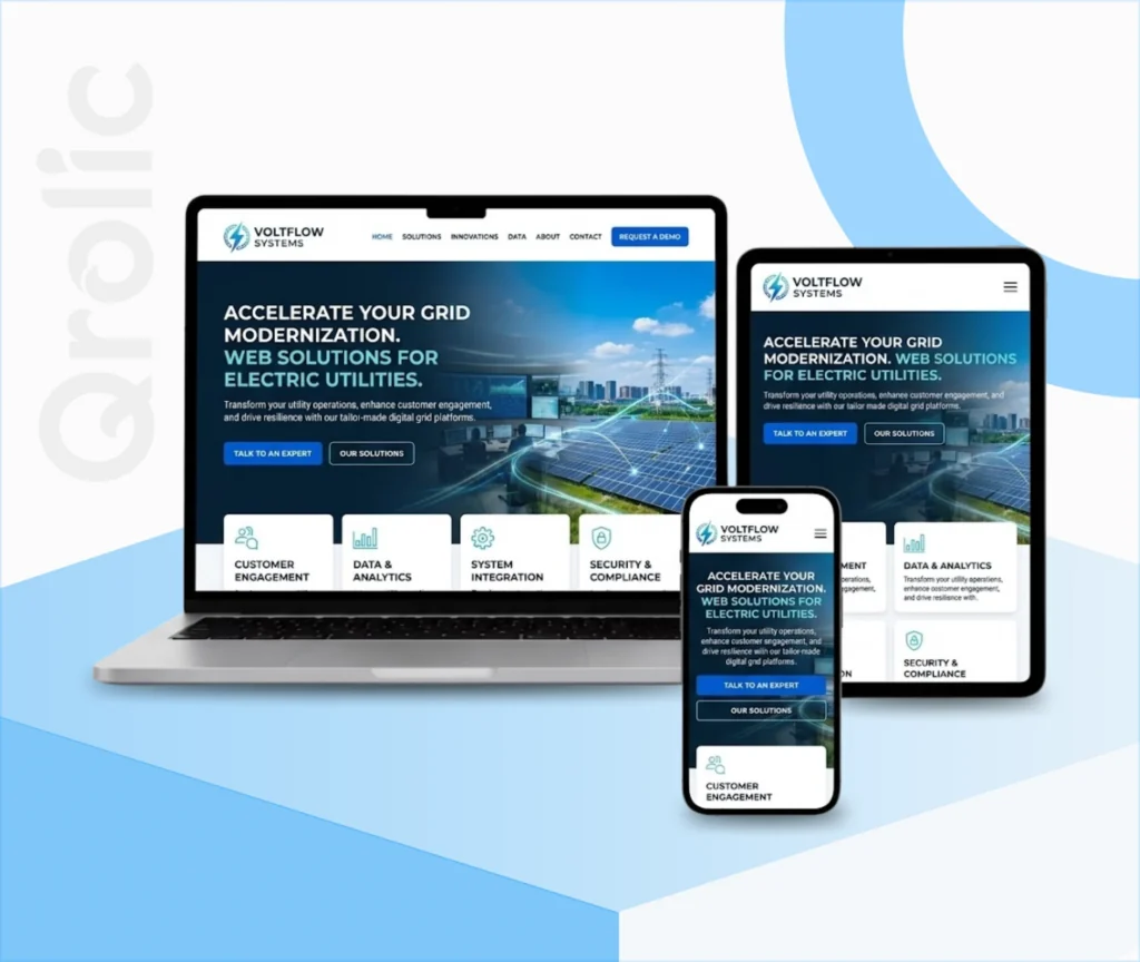 Electric Utility Website Design & Development Service Electric utility website design and development services by Qrolic, featuring customer portals and outage maps