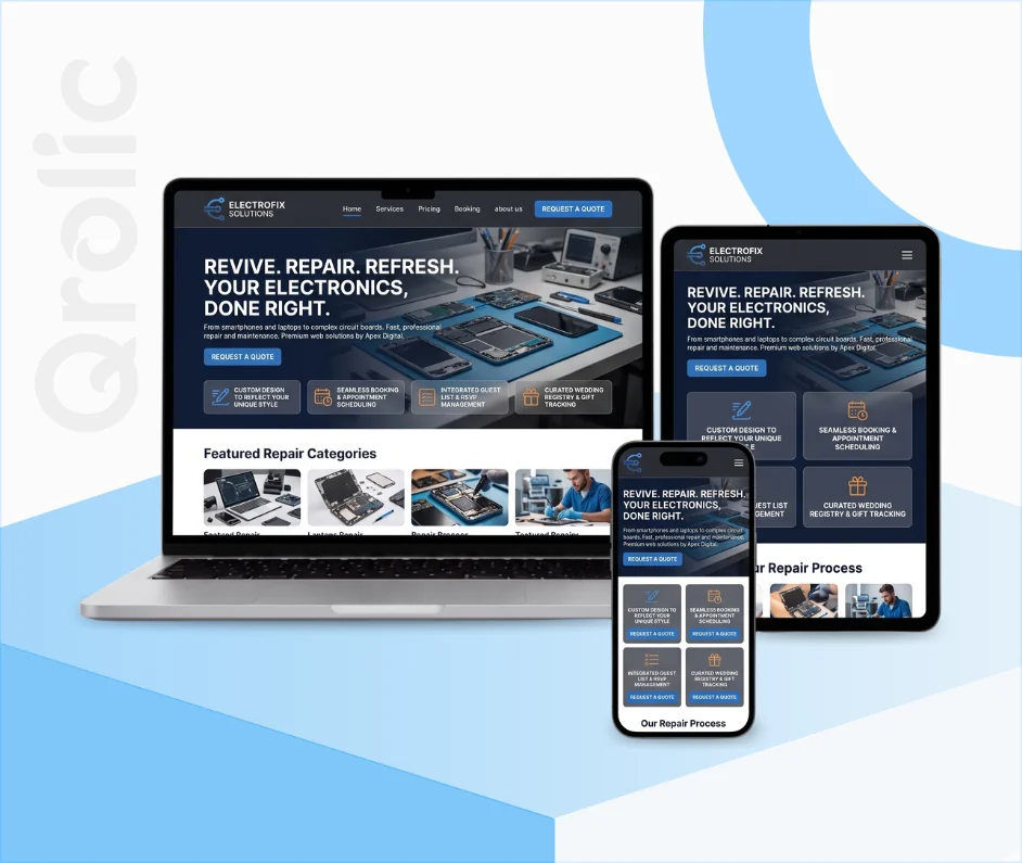 Electronics repair website design and development services interface showing booking and repair status tracking