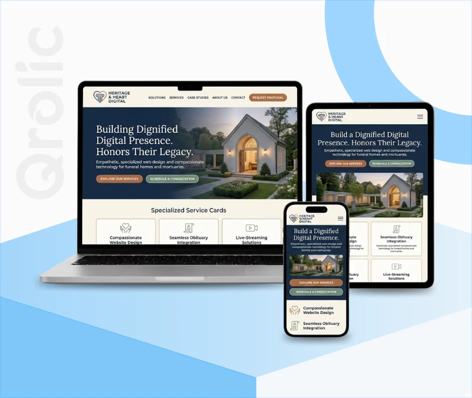 Funeral Home Website Design & Development Service Funeral home website design and development services showing online obituary system and memorial page by Qrolic