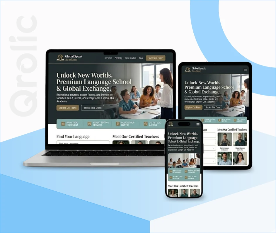 Language school website design and development services showing a multilingual course booking platform
